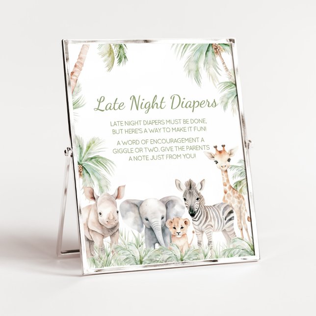 Poster Jungle Safari Wild One Animaux Late Night Diapers (Jungle Safari Animals Wild One Baby Shower Late Night Diapers Sign)