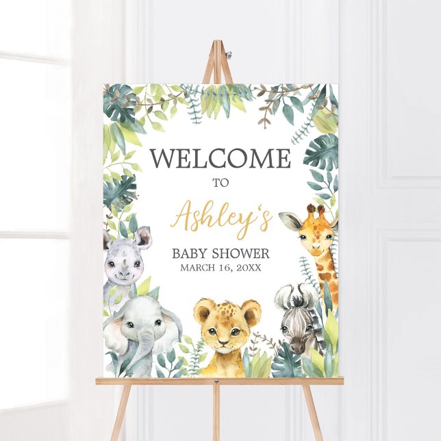 Poster Jungle Safari Wild One Baby shower Bienvenue (Greenery Safari Animals Baby Shower Welcome Sign)
