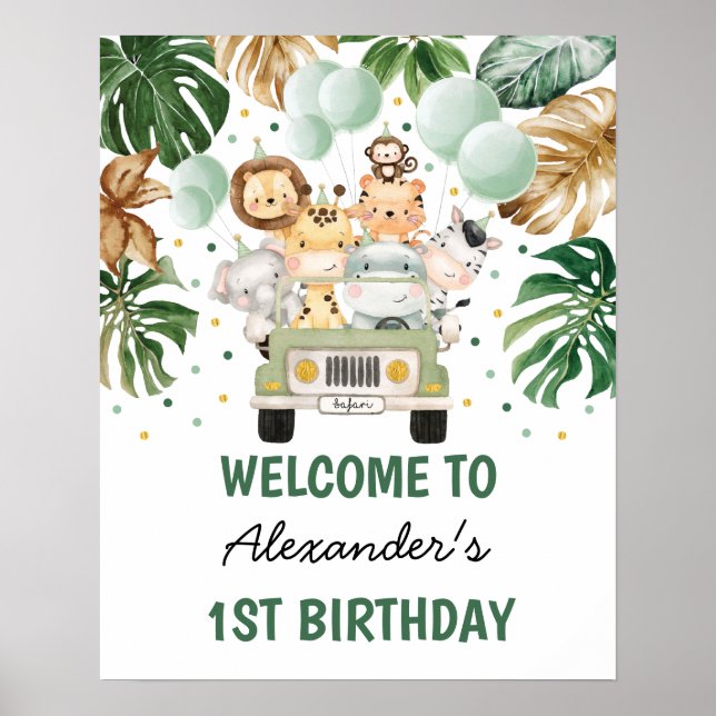 Poster Jungle sauvage Animaux Verdure Or Anniversaire Bie (Devant)