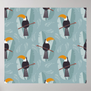 Poster Jungle toucan, arrière - plan bleu transparent.