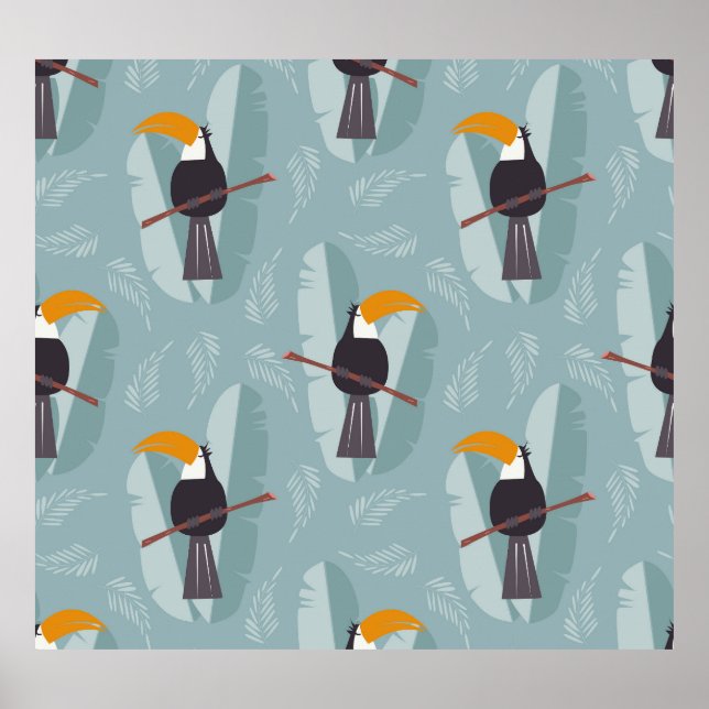 Poster Jungle toucan, arrière - plan bleu transparent. (Devant)