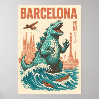 Poster Kaiju Invasion Barcelona – Vintage Sci-Fi Art