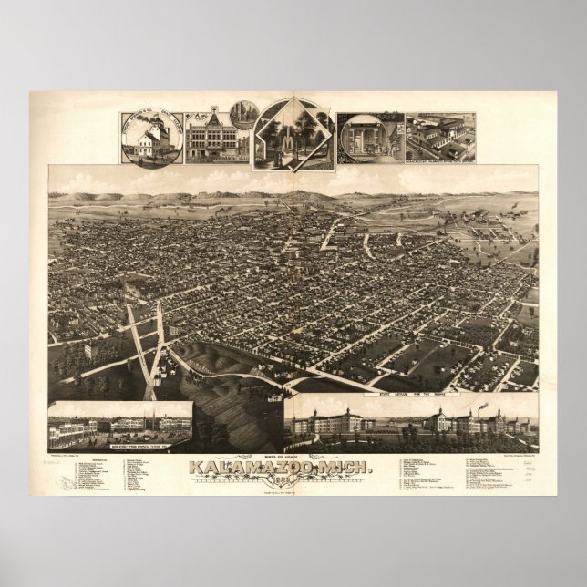 Poster Kalamazoo Michigan 1883 Antique carte panoramique (Devant)
