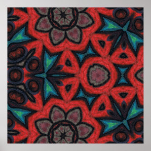 Poster Kaleidoscope rouge et bleu Mandala motifs floraux