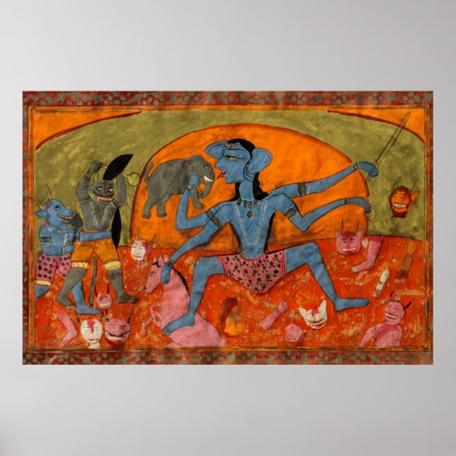 Poster Kali aux teintes bleues tuant des démons (Devant)
