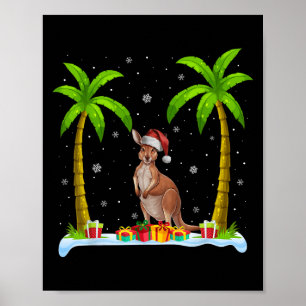Poster Kangaroo Santa Hat Palm Tree Beach Jeu de Noël