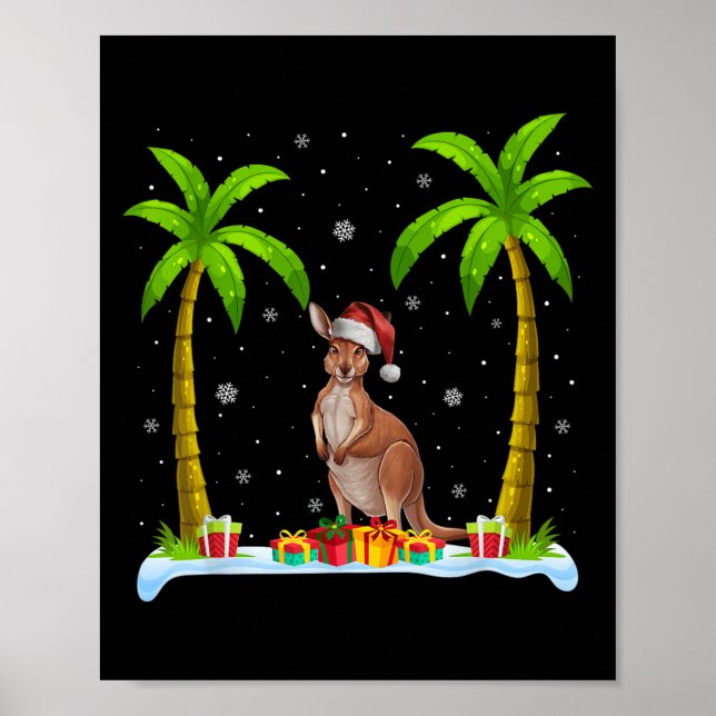 Poster Kangaroo Santa Hat Palm Tree Beach Jeu de Noël (Devant)