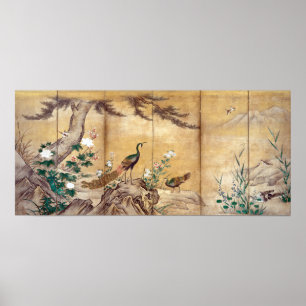Poster Kano Mitsunobu Oiseaux, arbres et fleurs