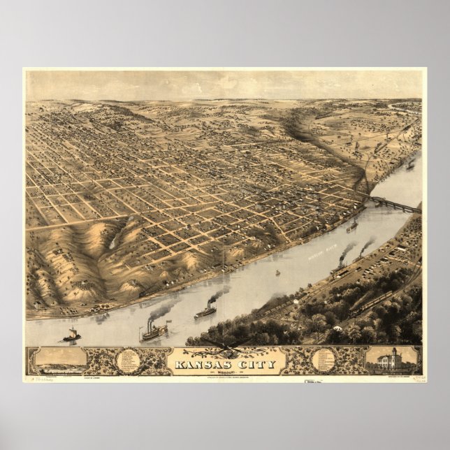Poster Kansas City Missouri 1869 Carte panoramique antiqu (Devant)