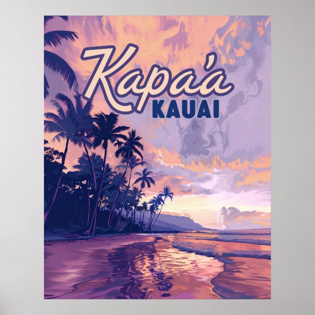 Poster Kapaa Kauai Hawaii Beach Coucher de soleil Palmier (Devant)