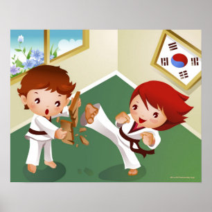 Poster Karate boy tenant du bois avec une autre le cassan