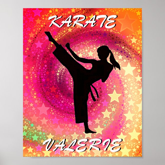 Poster Karate Girl Kick Stars and Swirls Retro (Devant)