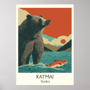 Poster Katmai Alaska Ours Pêche Saumon