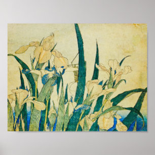 Poster Katsushika Hokusai-Blossoming Irises and Grasshopp