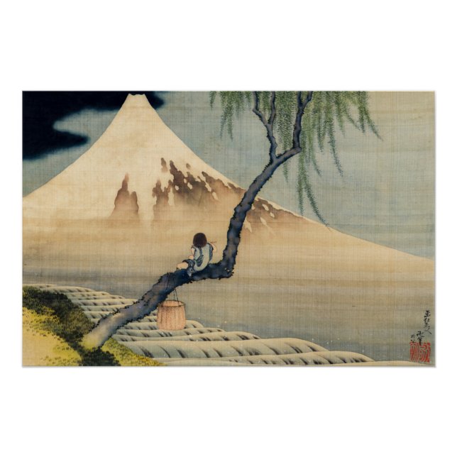 Poster Katsushika Hokusai - Garçon regardant le Mont Fuji (Devant)