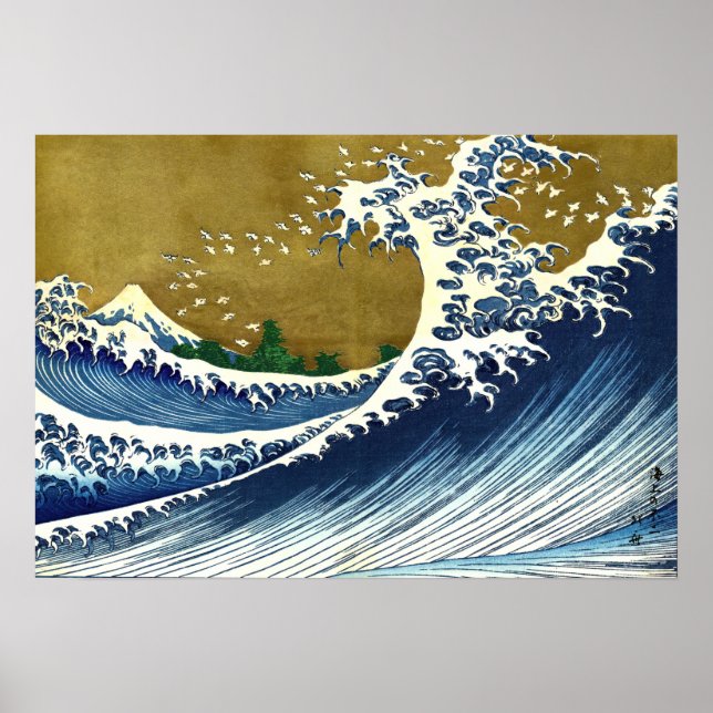 Poster Katsushika Hokusai - Grande vague colorée (Devant)
