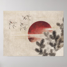 Katsushika Hokusai-Oiseaux et coucher du soleil