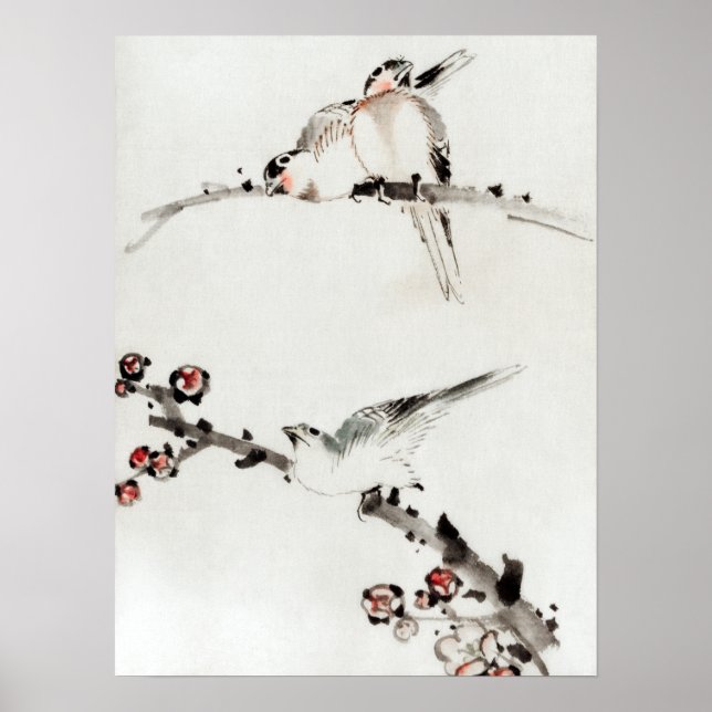 Poster Katsushika Hokusai Trois oiseaux perchés sur des b (Devant)