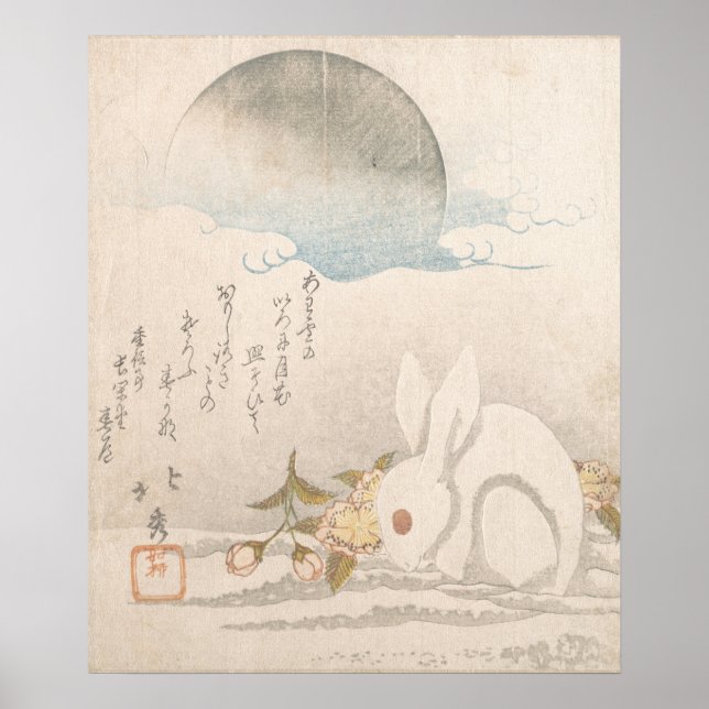 Poster Katsushika Hokushu Rabbit dans l'affiche de neige (Devant)