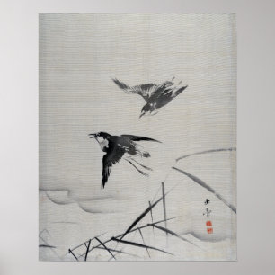 Poster Kawabata Gyokushō petits oiseaux et Bambou