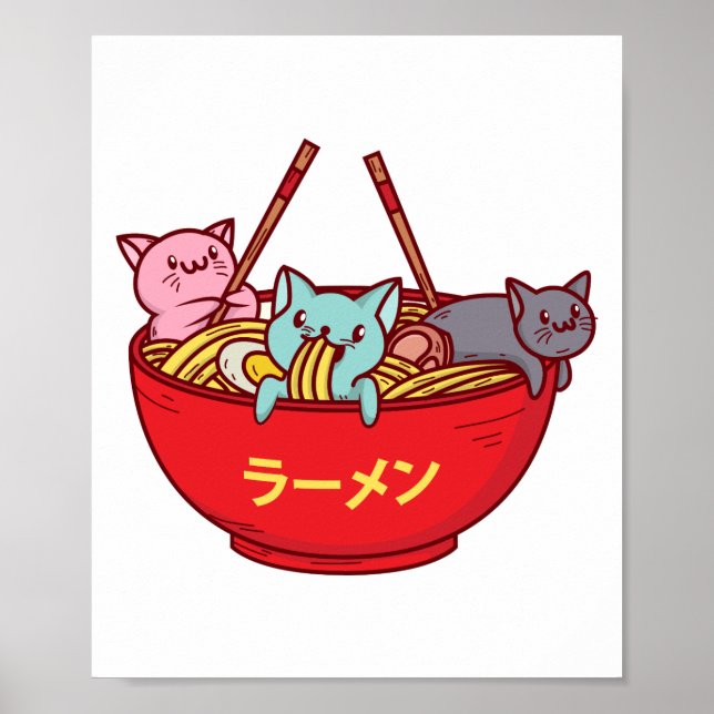 Poster Kawaii Anime Chat Funny Adorable Ramen Japonais (Devant)