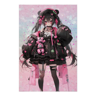 Poster Kawaii Anime Girl en Robe rose et noire
