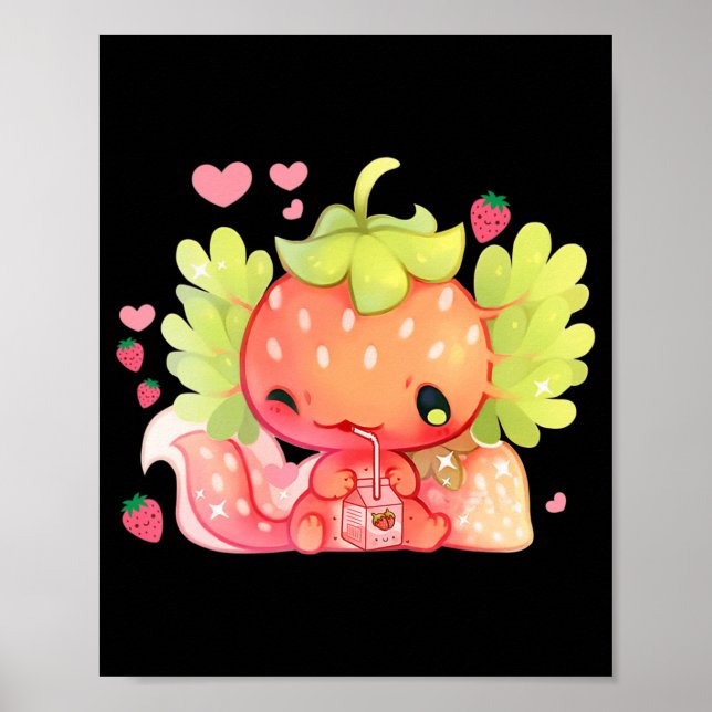 Poster Kawaii Axolotl Strawberry Milk Shake Japanese Anim (Devant)
