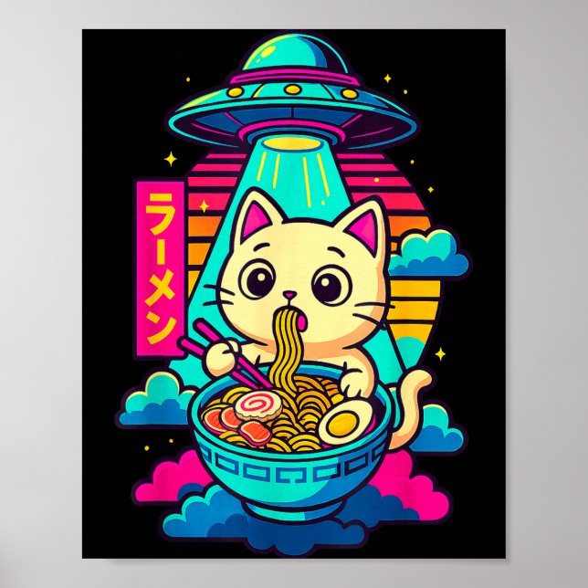 Poster Kawaii Cat Alien Ufo Ramen Graphic Tee Funny Japan (Devant)