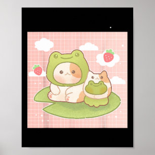 Poster Kawaii Chat Frog fraise Retro 90s Cottagecore A