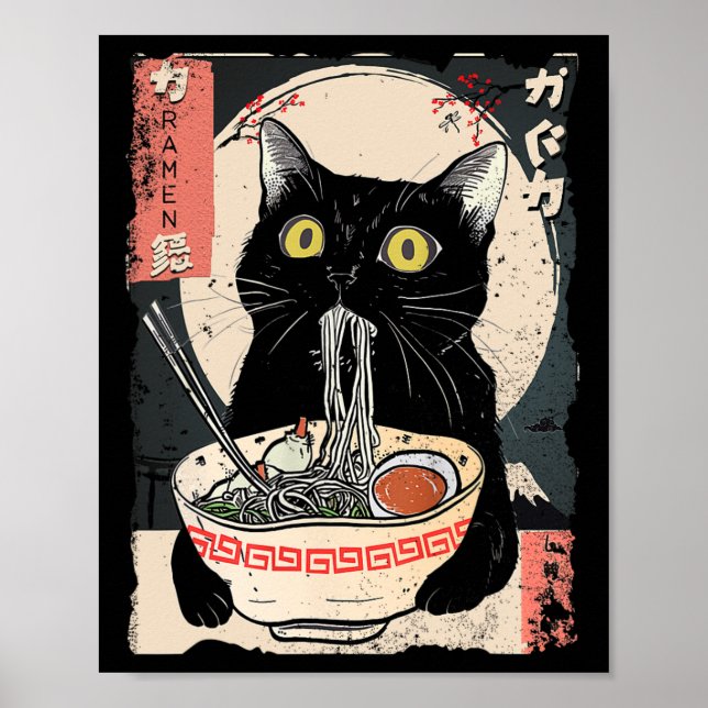 Poster Kawaii Chat Manger Ramen nouilles Amusant Anime Ca (Devant)