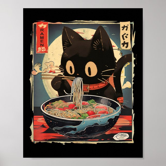 Poster Kawaii Chat Manger Ramen nouilles Anime Cadeaux Fi (Devant)