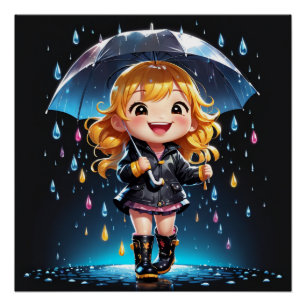 Poster Kawaii Chibi Girl in a Joyful Rainy Day