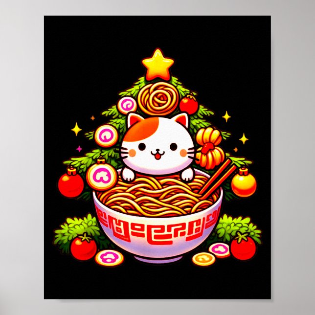 Poster Kawaii Christmas Cat Ramen Christmas Tree Holiday  (Devant)