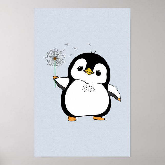 Poster Kawaii Cute Penguin tenant Dandelion souriant (Devant)