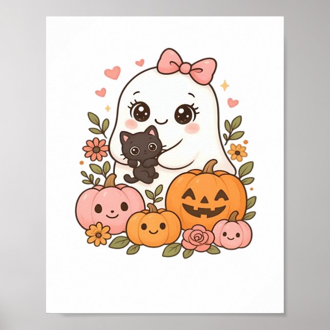 Poster Kawaii Ghost Halloween Chat noir Citrouille Chat c (Devant)