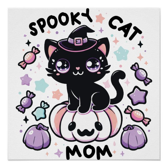 Poster Kawaii Halloween Cat – Cute Witch Kitty on Pumpkin (Devant)