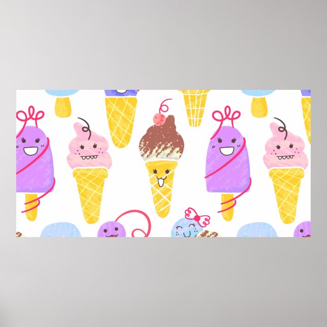 Poster Kawaii Ice Creams Motif, Kawaii Caractère Ice Cr (Devant)