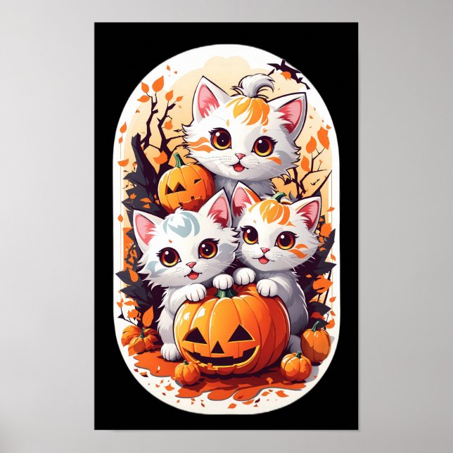 Poster Kawaii Kittens jouer avec un petit citrouille (Devant)