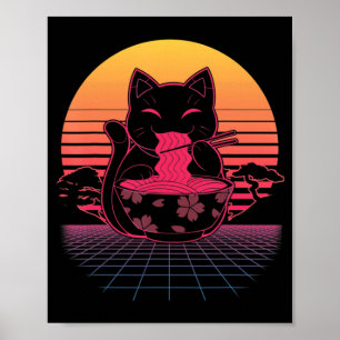 Poster Kawaii Ramen Neko Chat rétro Noodle japonais Anime