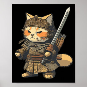 Poster Kawaii Style japonais Samurai Cat Anime