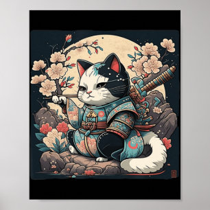 Poster Kawaii Style japonais Samurai Chat Kitten Anime