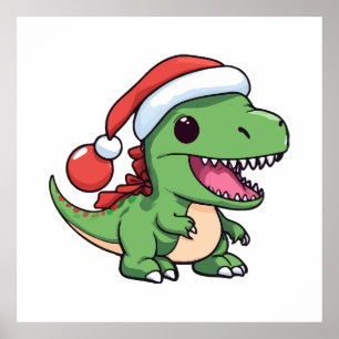 Poster Kawaii T-Rex Dinosaur en Casquette de Noël