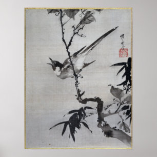 Poster Kawanabe Kyōsai chante un oiseau sur une branche