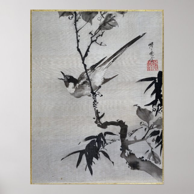 Poster Kawanabe Kyōsai chante un oiseau sur une branche (Devant)
