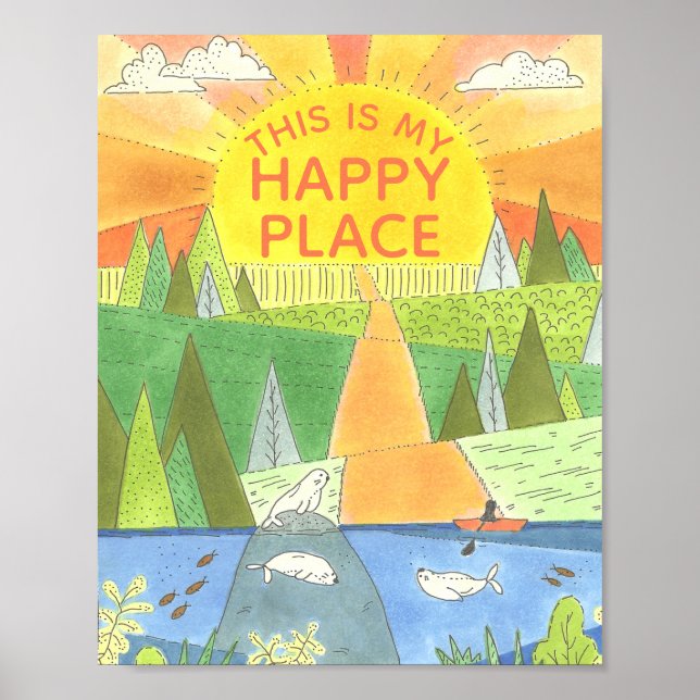 Poster Kayak Sunrise avec Phoques Happy Place (Devant)