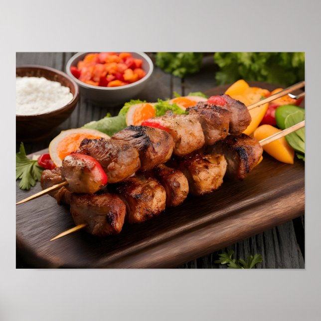 Poster Kebab shish à la bouche avec légumes (Devant)