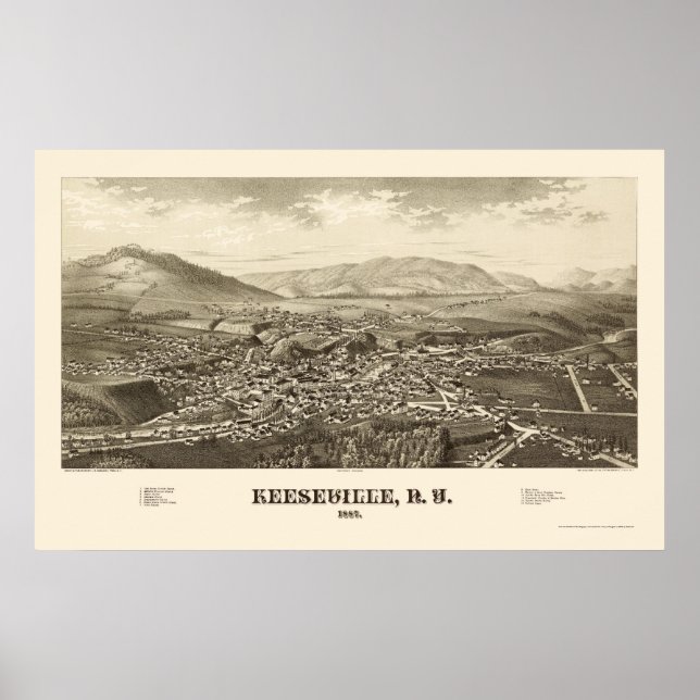 Poster Keeseville, New York Carte panoramique - 1887 (Devant)