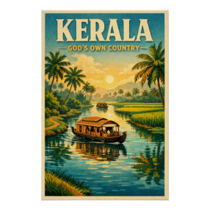 Poster Kerala, Inde, dans un classique voyage rétro