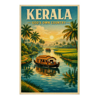 Poster Kerala, Inde, dans un classique voyage rétro