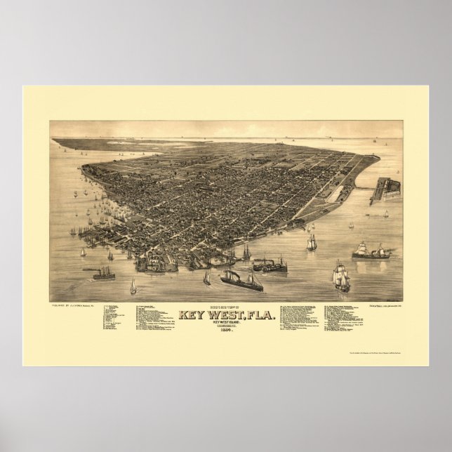 Poster Key West, FL Panoramic Map - 1884 (Devant)